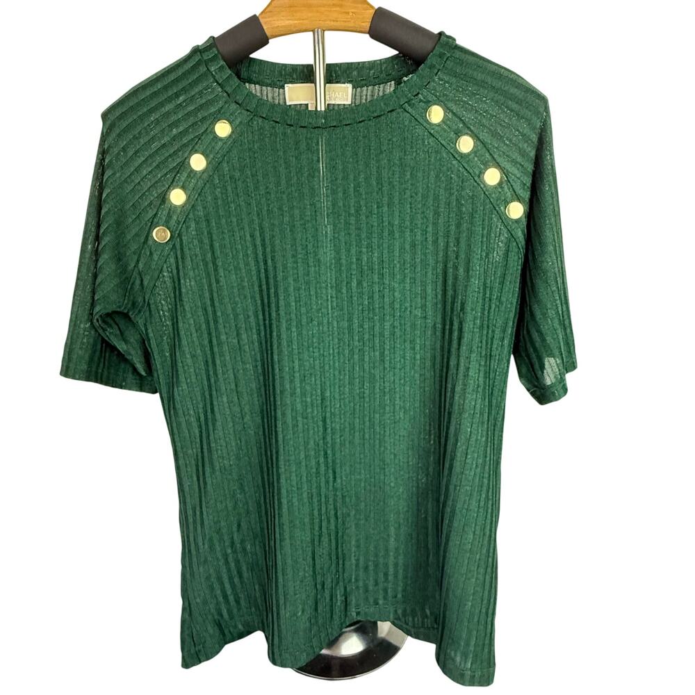Michael Kors Women's Size S Short Sleeve Shirt Gold Button Ribbed Emerald Green